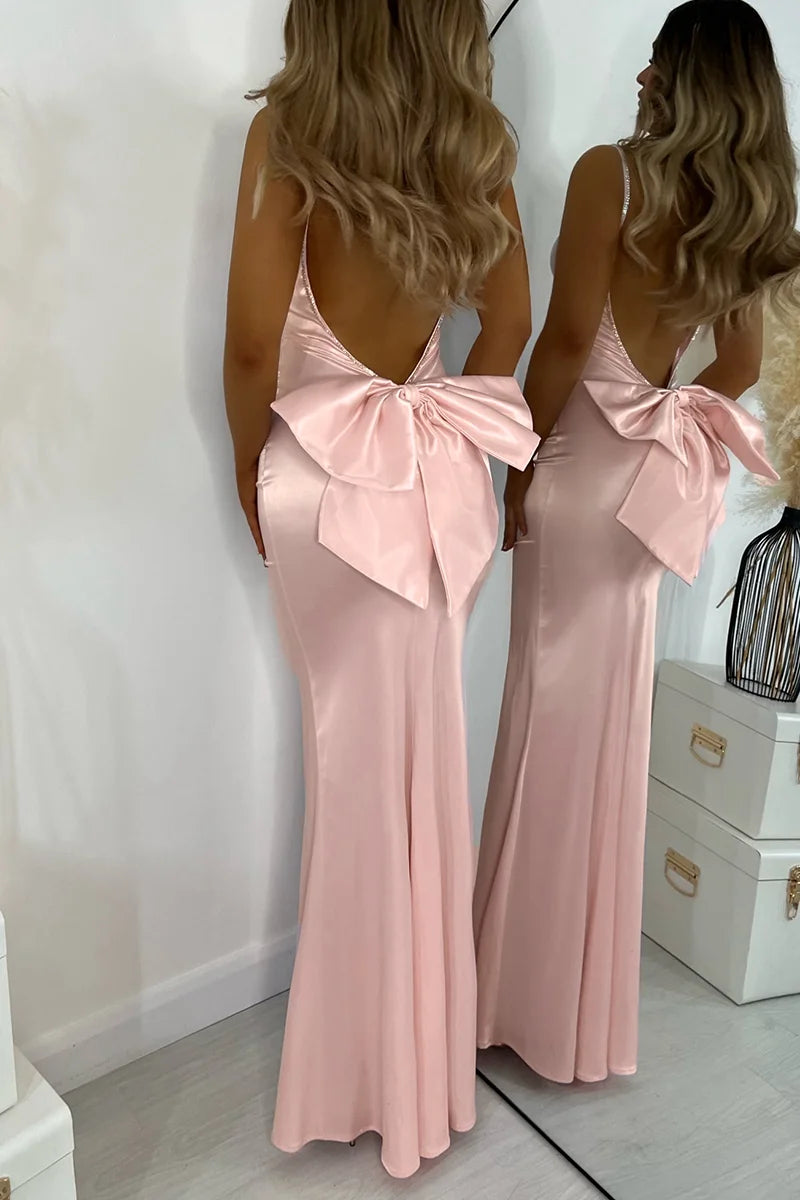 Robe Weitese élégante dos nu nœud robe en satin bretelles spaghetti fête cocktail mariage invité rose longue robe pour femmes mince moulante sexy robe de bal